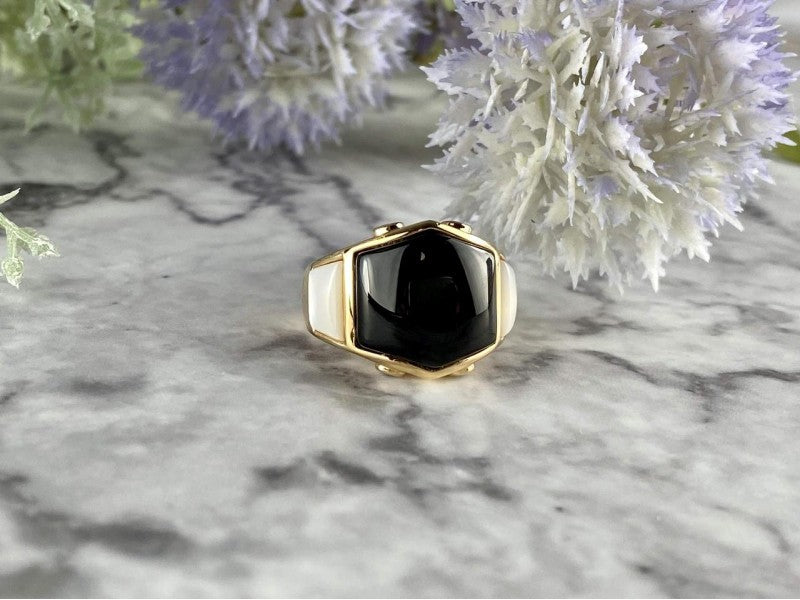 925 Sterling Silver Gold Plated Black Jade, Mother Of Pearl & CZ Ring Size 7