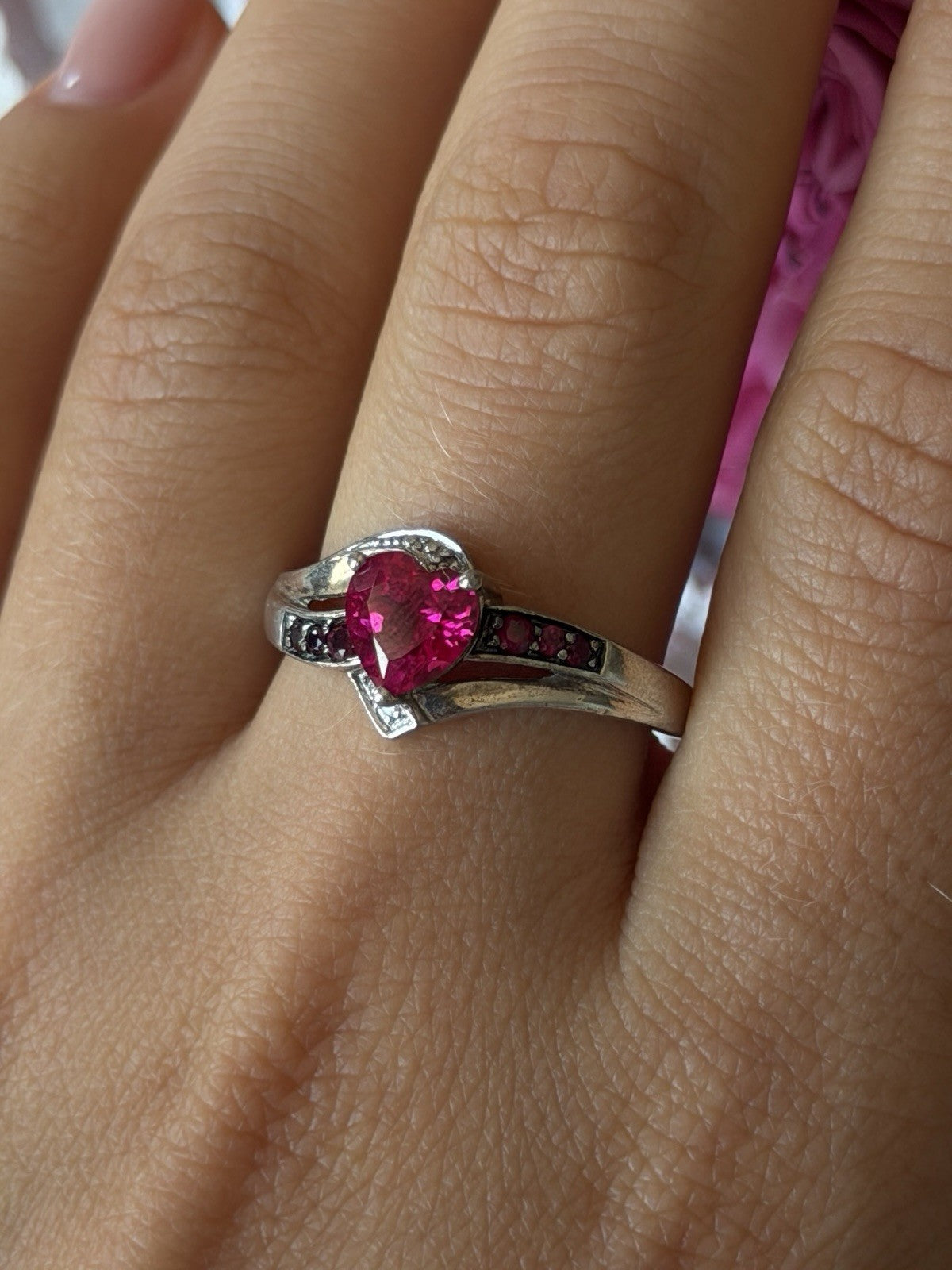 925 Sterling Silver Pink Sapphire Heart Ring Size 10