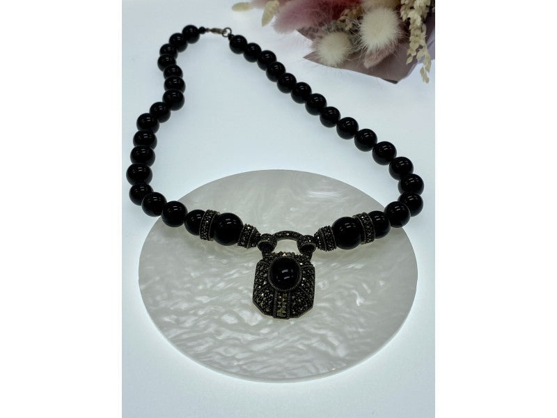Vintage 925 Sterling Silver Black Jade and Marcasites Necklace