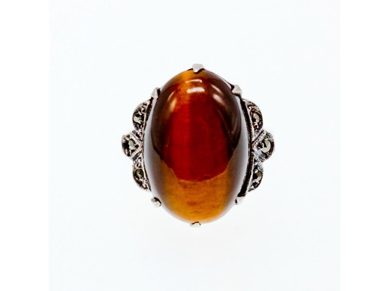 Vintage 925 Sterling Silver Tiger'S Eye & Marcasites Ring Size 6.5