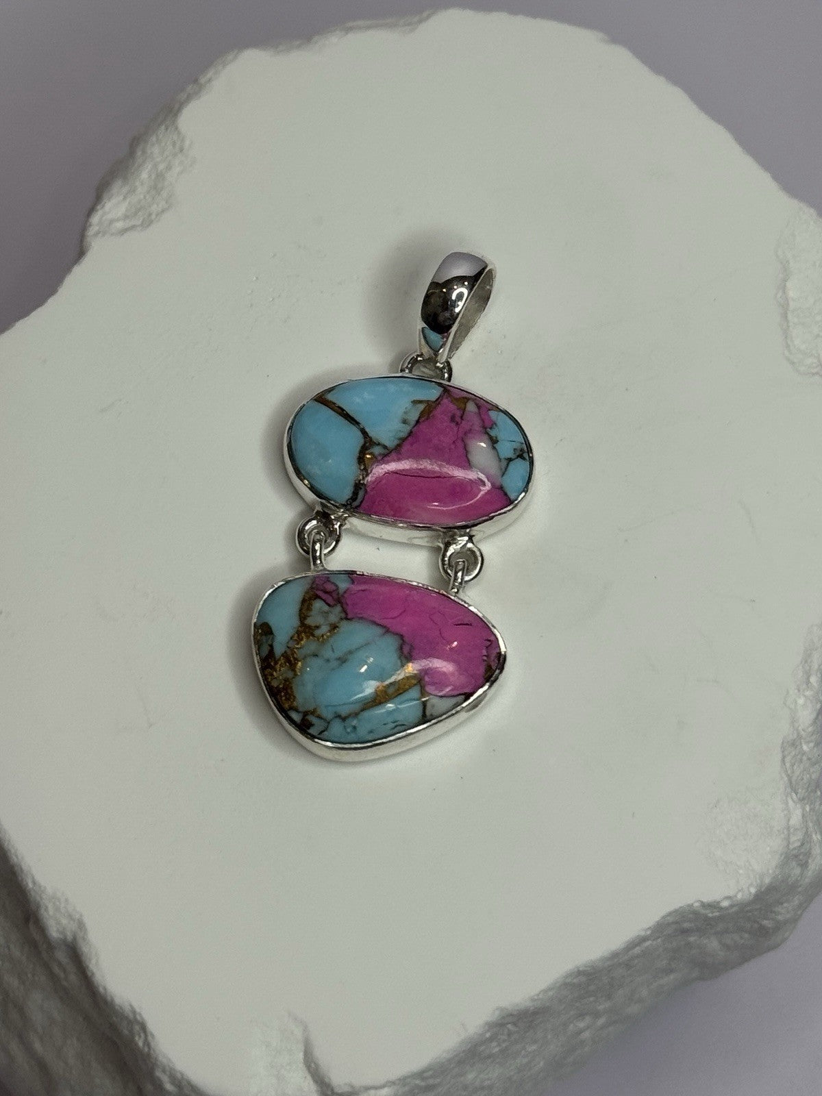 925 Sterling Silver Cotton Candy Turquoise Pendant Length 1.5 Inch