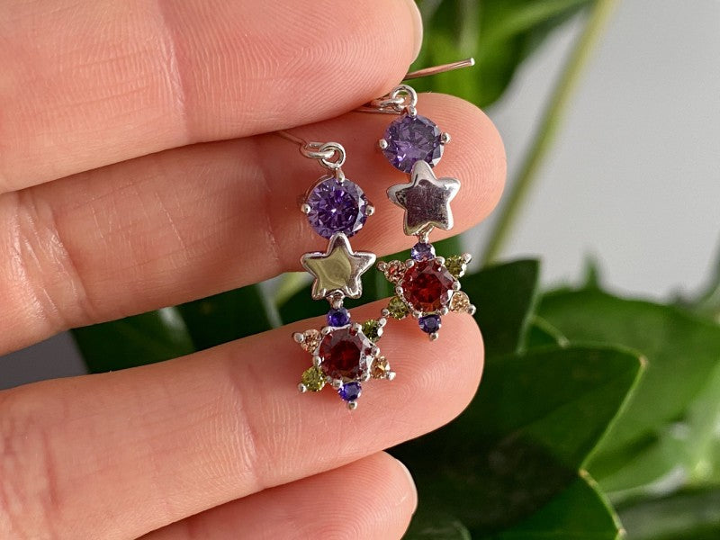 Dangle Earrings with Multicolor CZ  "Flowers & Stars"
