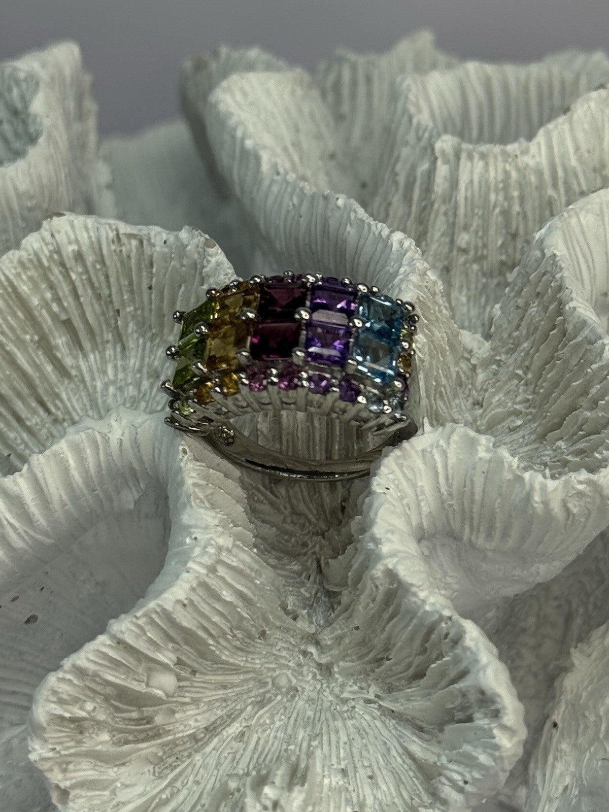 925 Sterling Silver Multicolor Stones Ring Size 7