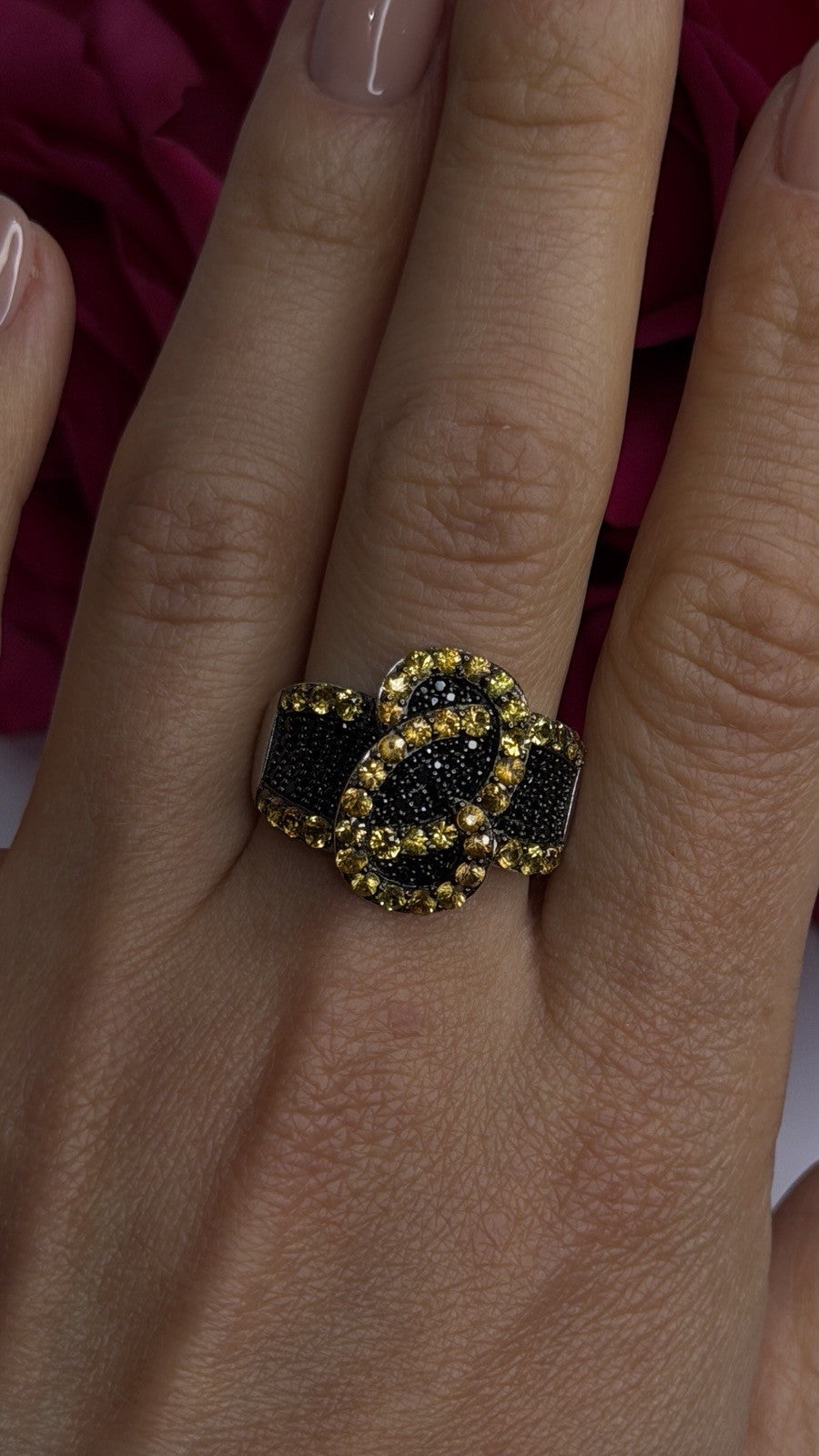 925 Sterling Silver Black Spinel & Yellow Sapphire Ring Size 10