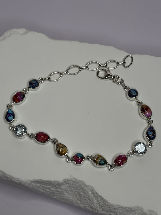 925 Sterling Silver Oyster Turquoise & Topaz Bracelet Length 6-8 Inch