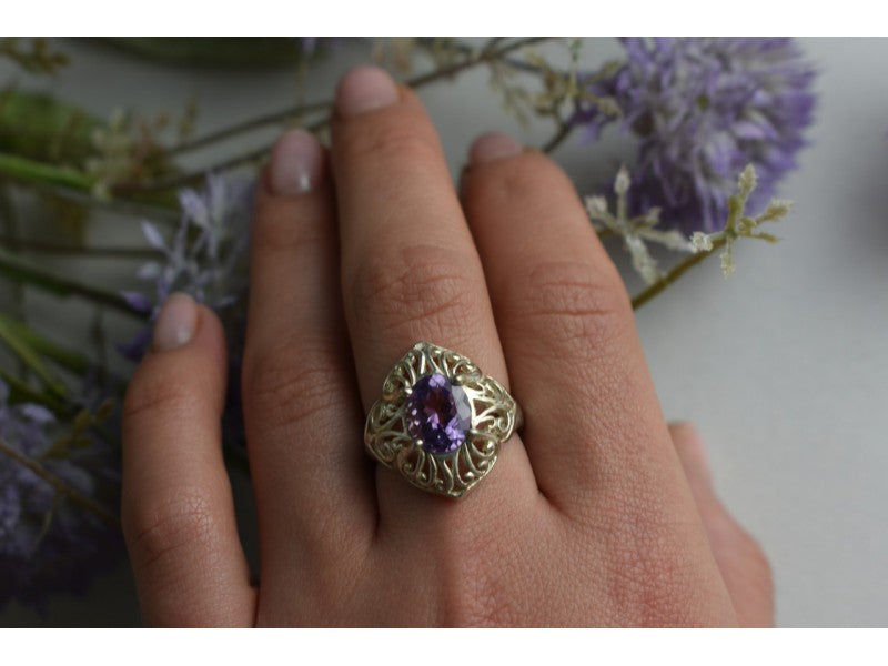 925 Sterling Silver Purple Tourmaline Ring Size 8