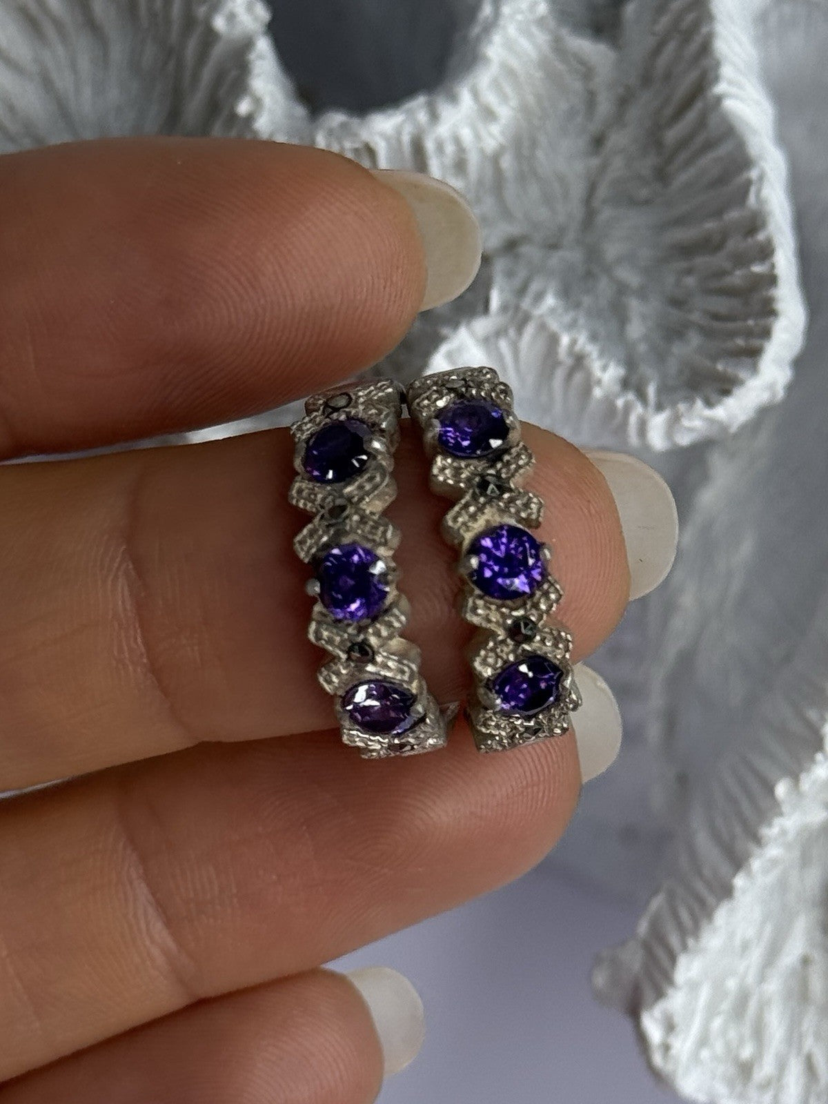925 Sterling Silver Amethyst & Marcasite Earrings Length 0.80 Inch