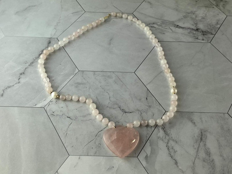 14K Yellow Gold Rose Quartz "Angel Heart" Necklace Pendant