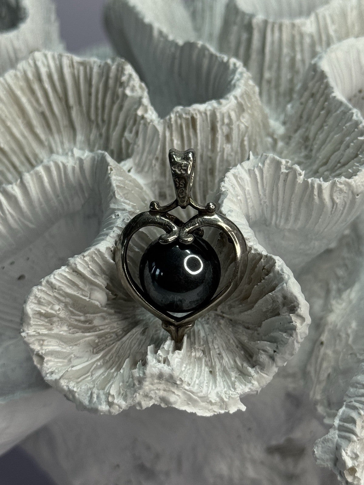 925 Sterling Silver Hematite Heart Pendant Length 1.1 Inch