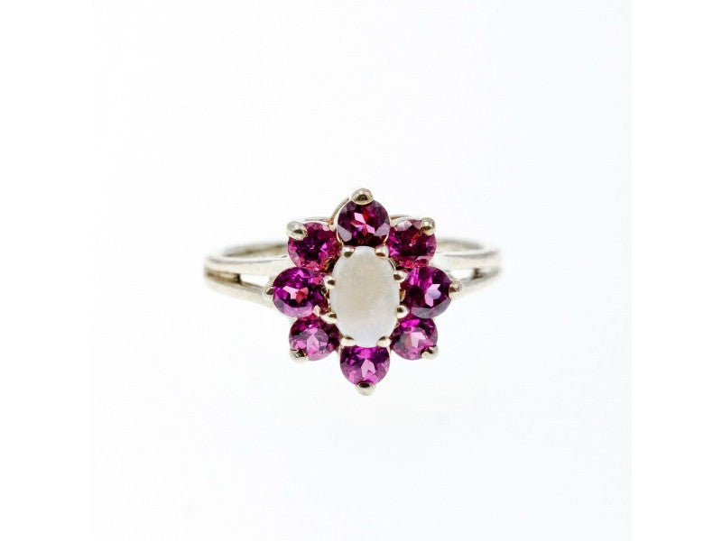 925 Sterling Silver Opal & Pink Spinel "Flower" Ring Size 7