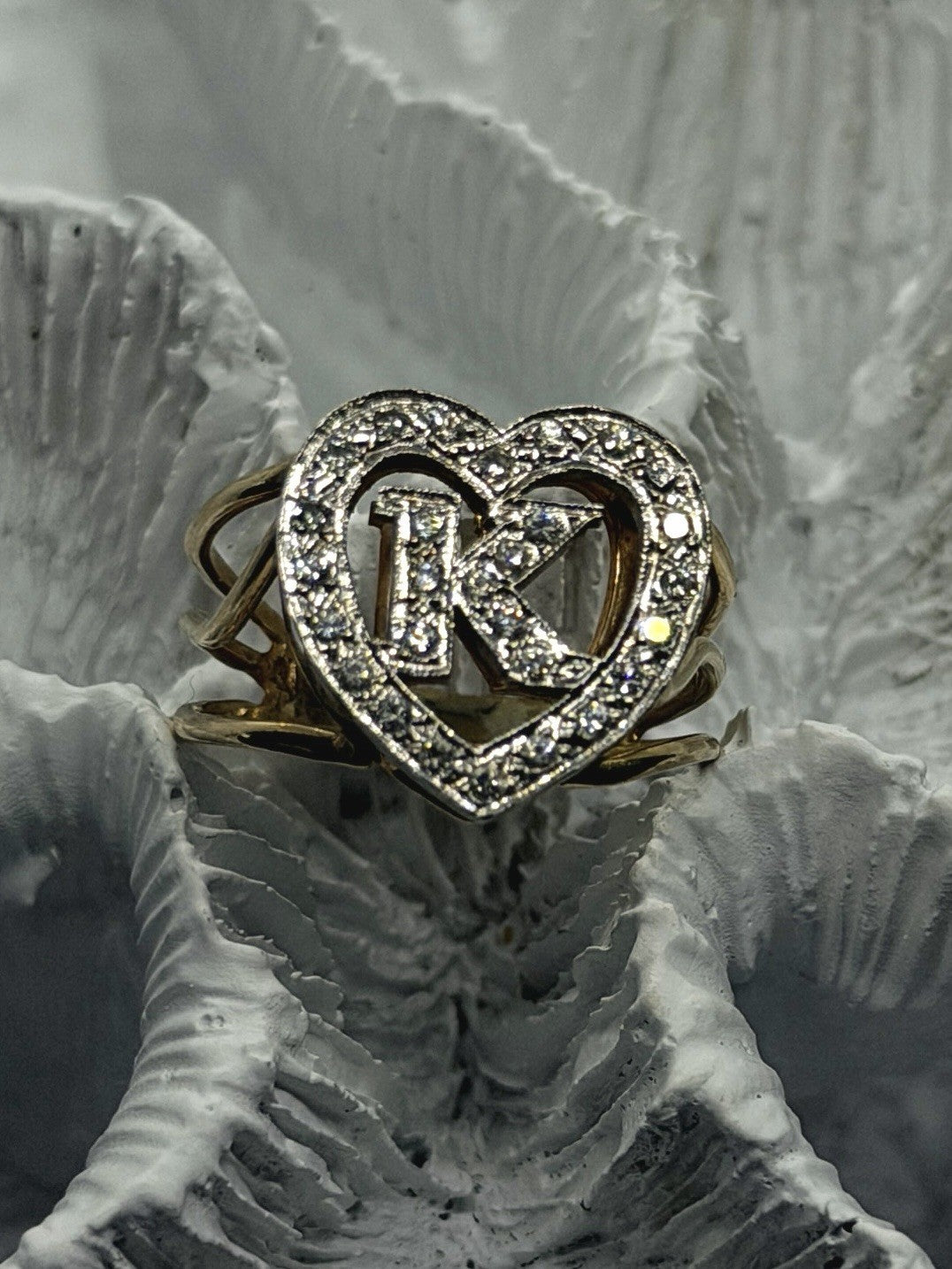 14K Yellow Gold And Diamond Letter ''K'' Heart Ring Size 8.25 Cocktail Estate