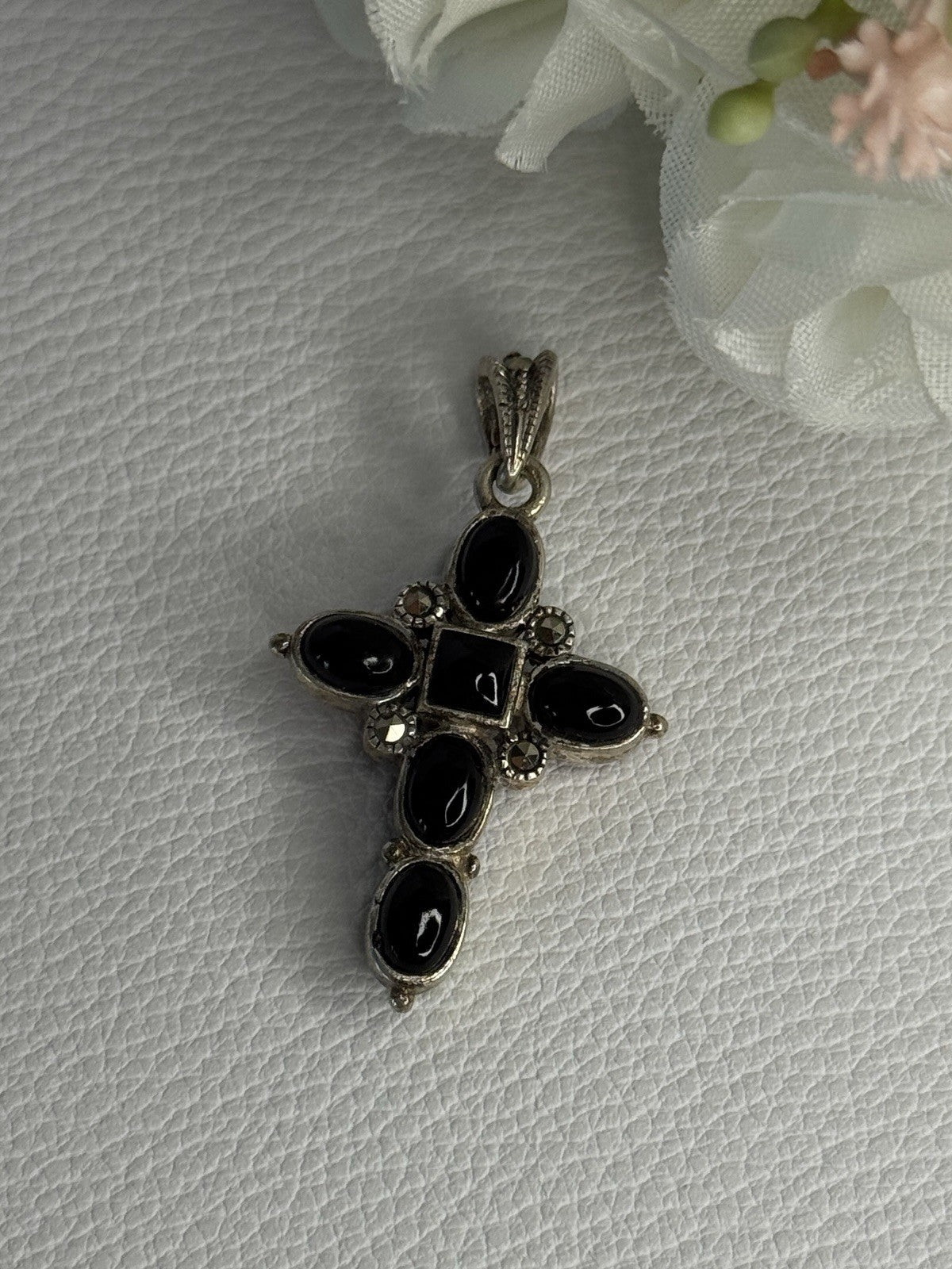 925 Sterling Silver Onyx Turquoise Agate Cross Length 1.60 Inch