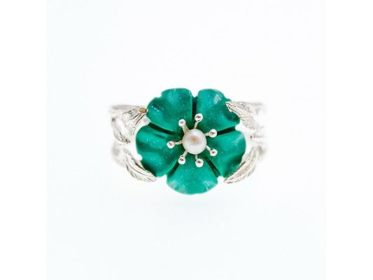 925 Sterling Silver Pearl & Enamel "Flower" Ring Size 10