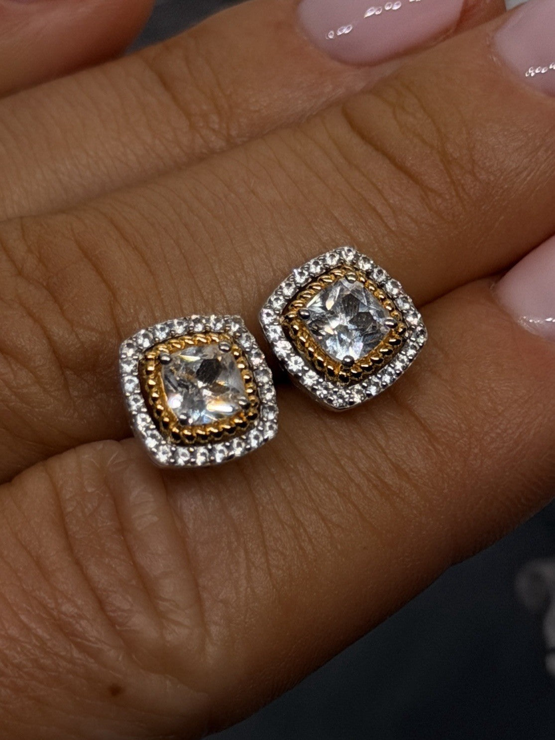 925 Sterling Silver Two-Tone Cushion Cut Halo Stud Cz Earrings Gold Accent