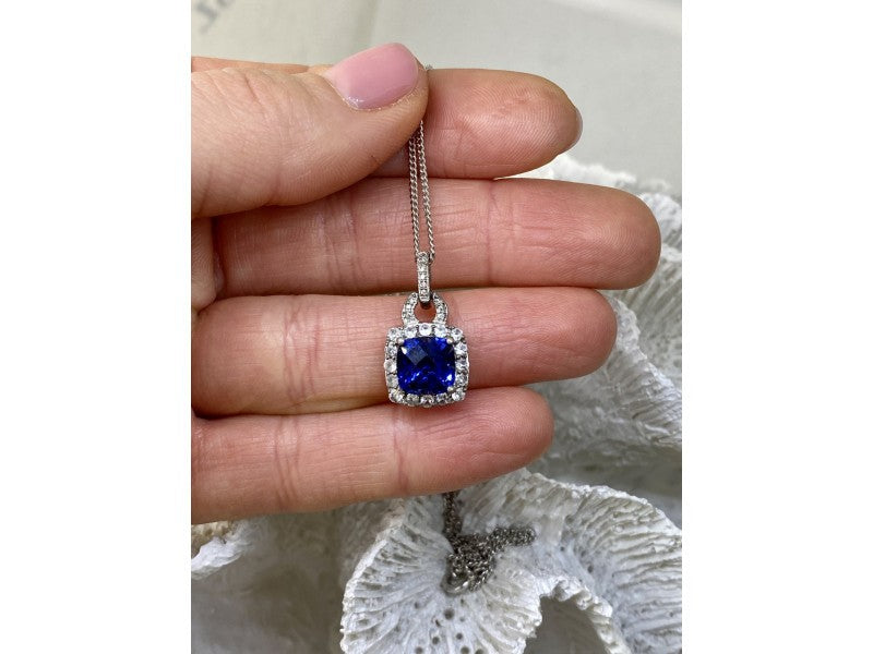 925 Sterling Silver Blue & White Sapphires Chain With Pendant