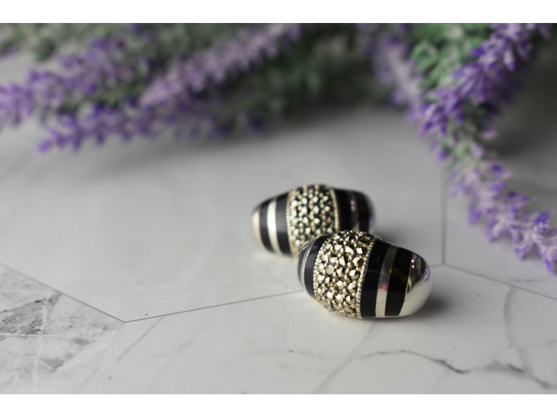 925 Sterling Silver Black Nephrite & Marcasites Earrings