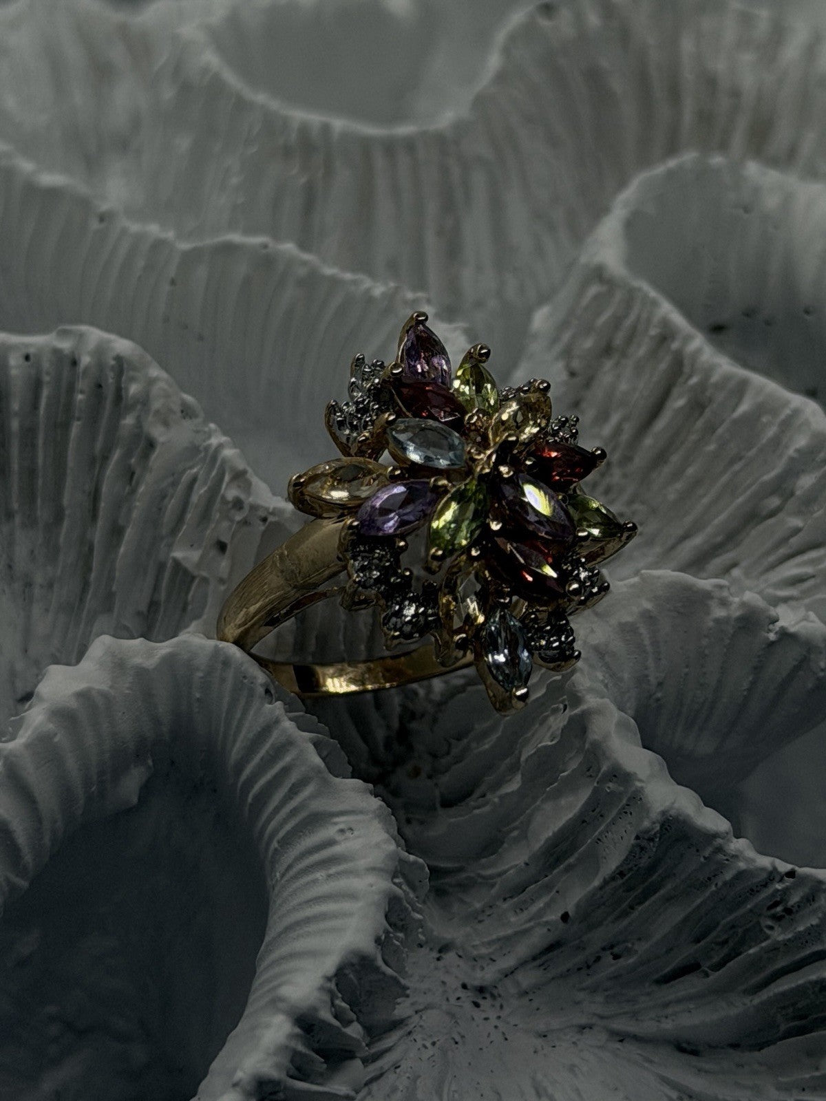 925 Sterling Silver Gold Plated Multi-Gemstone Floral Cluster Ring Size 8