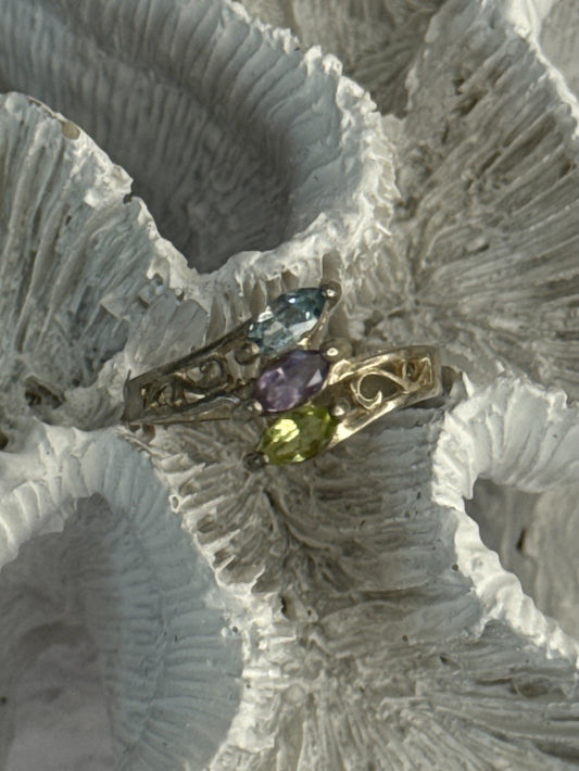 925 Sterling Silver Peridot, Amethyst & Topaz Ring Size 8