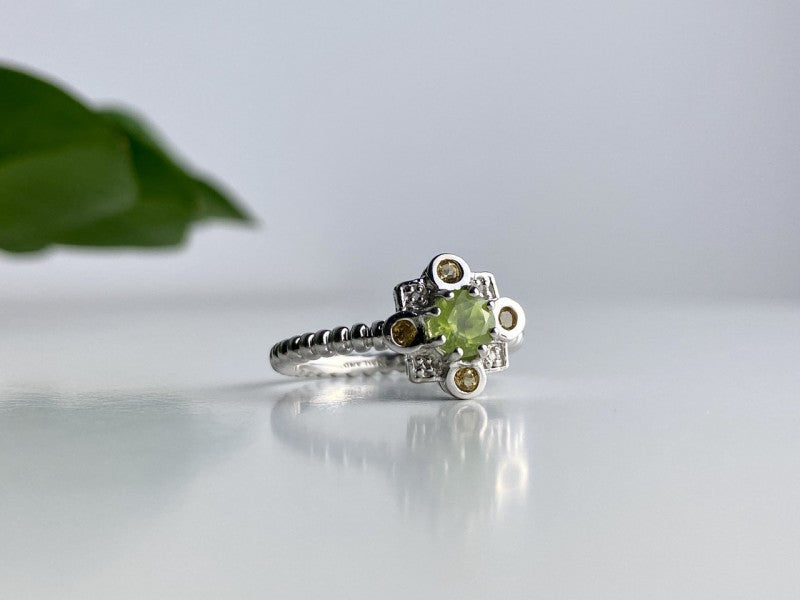 925 Sterling Silver Peridot, Citrine & White Sapphire Ring Size 7