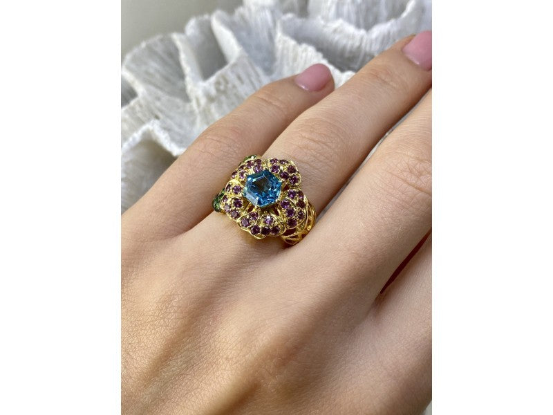 925 Sterling Silver Gold Plated Topaz, Peridot & Spinel "Flower" Ring Size 7.5