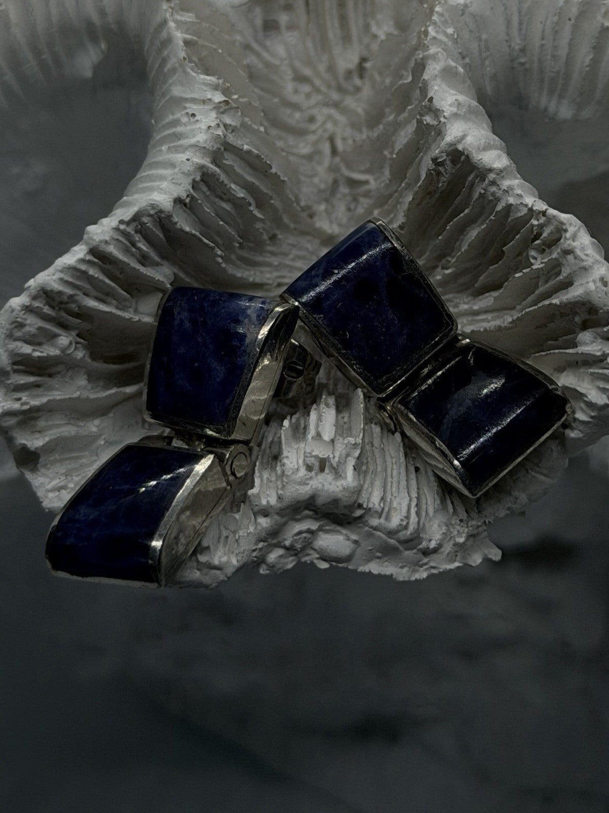 Modernist Design 925 Sterling Silver Sodalite Geometric Hinged Drop Earrings