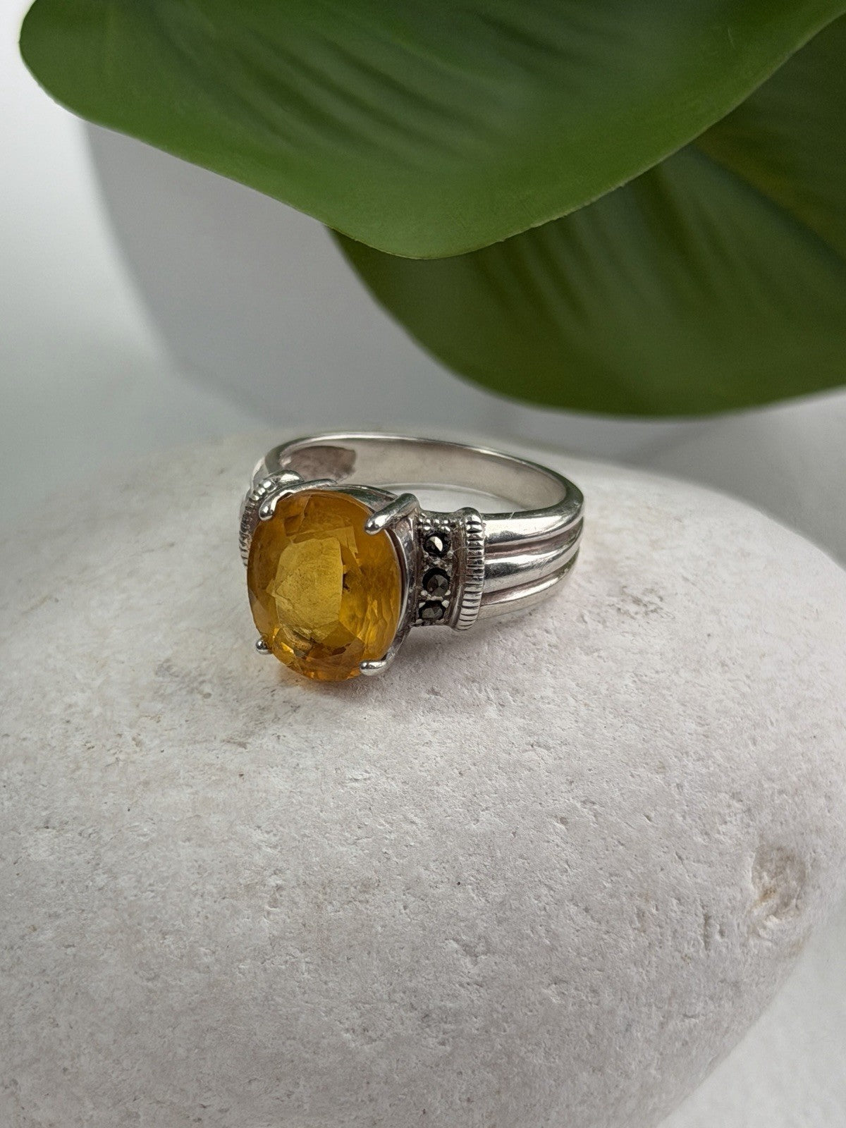 925 Sterling Silver Citrine & Marcasite Ring Size 8