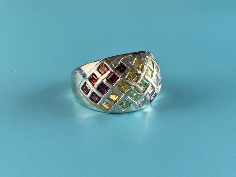 925 Sterling Silver Multi Gemstones Ring Size 7