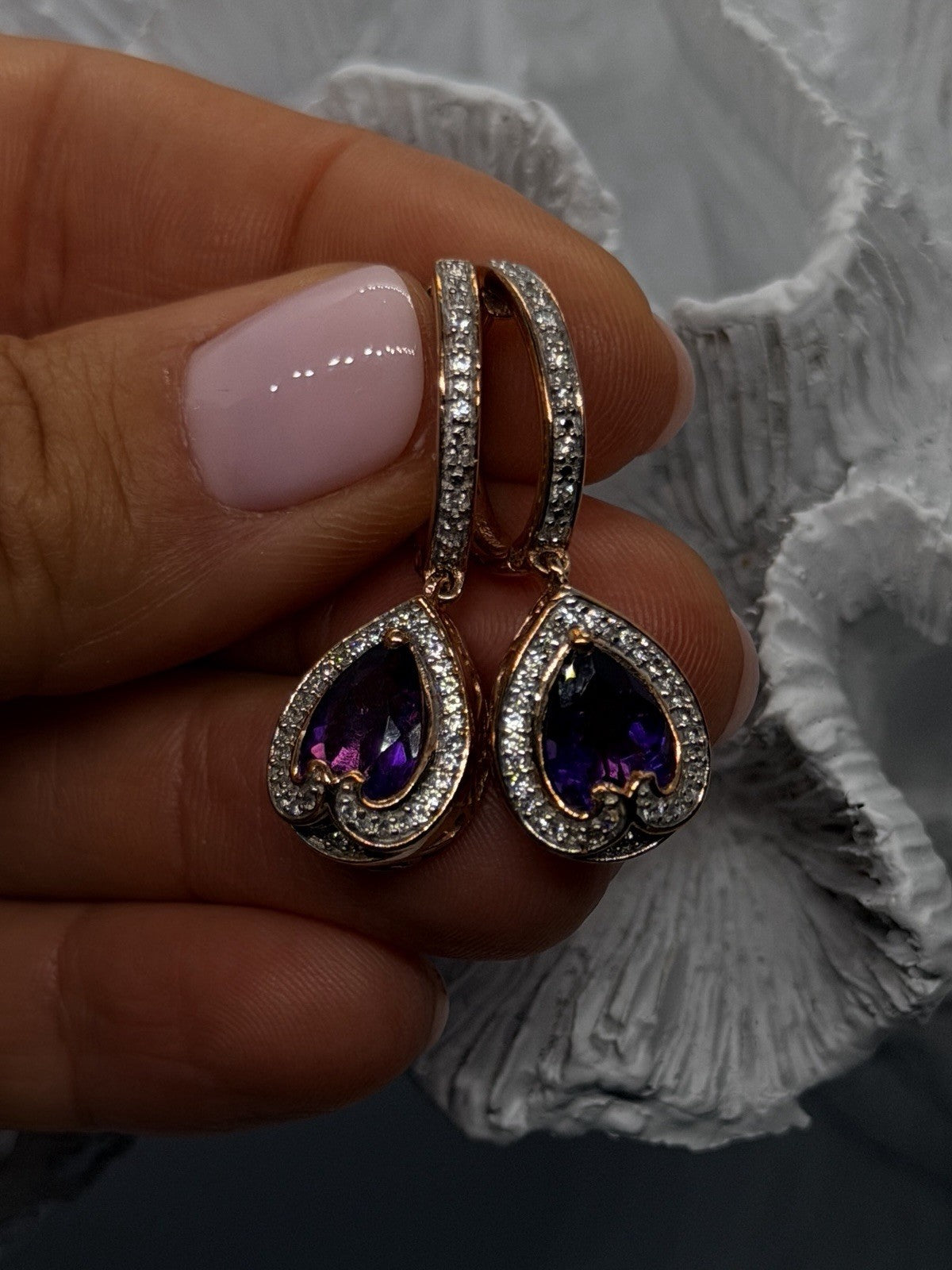 Rose Gold Plated Elegant 925 Sterling Silver Purple Amethyst & Beryl Earrings