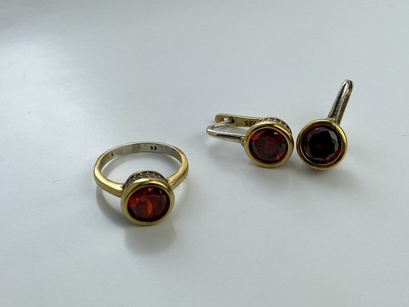 925 Sterling Silver Gold Plated Garnet & CZ Jewelry Set Turkey