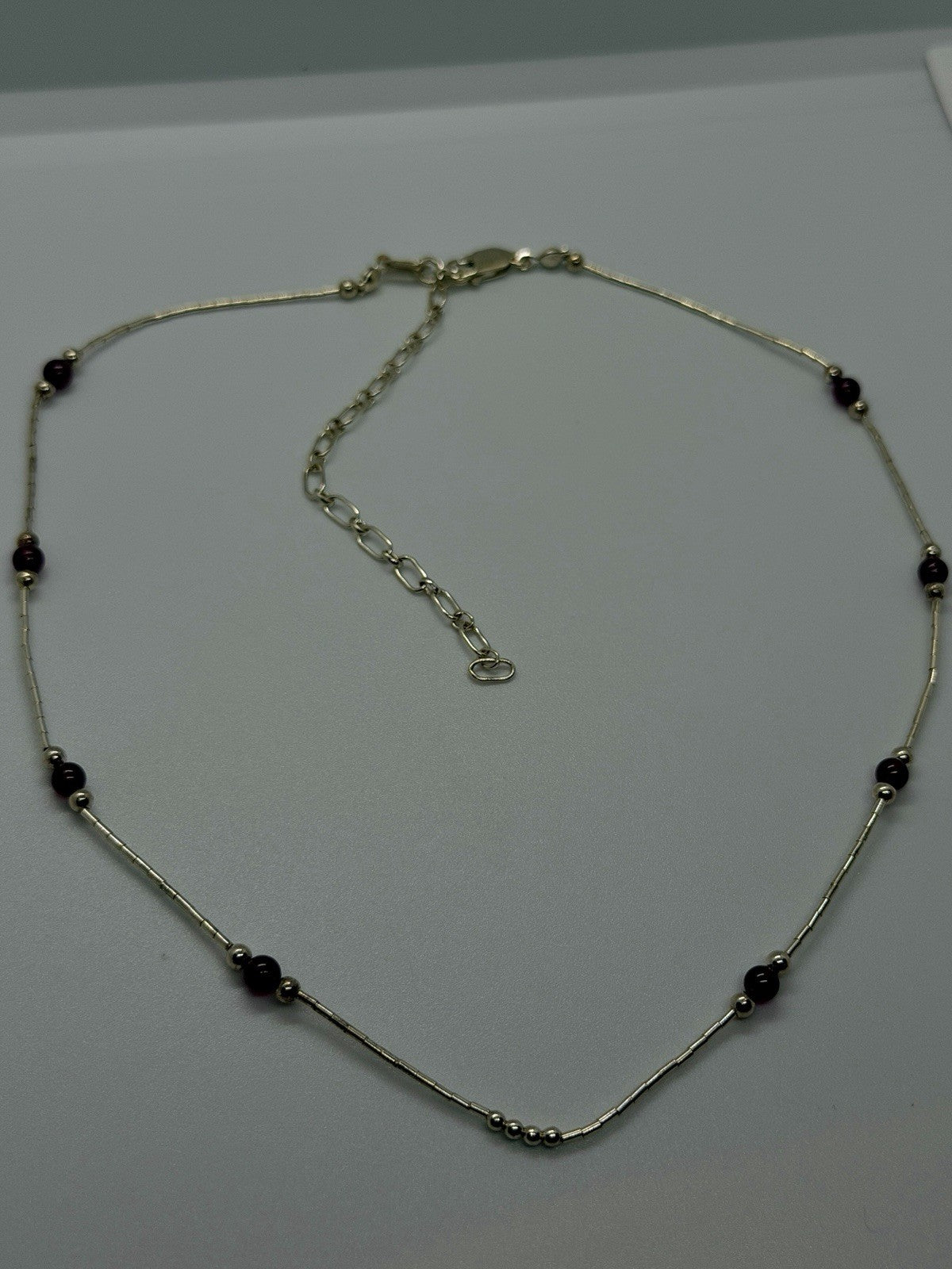 925 Sterling Silver Deep Red Garnet Beaded Necklace Adjustable