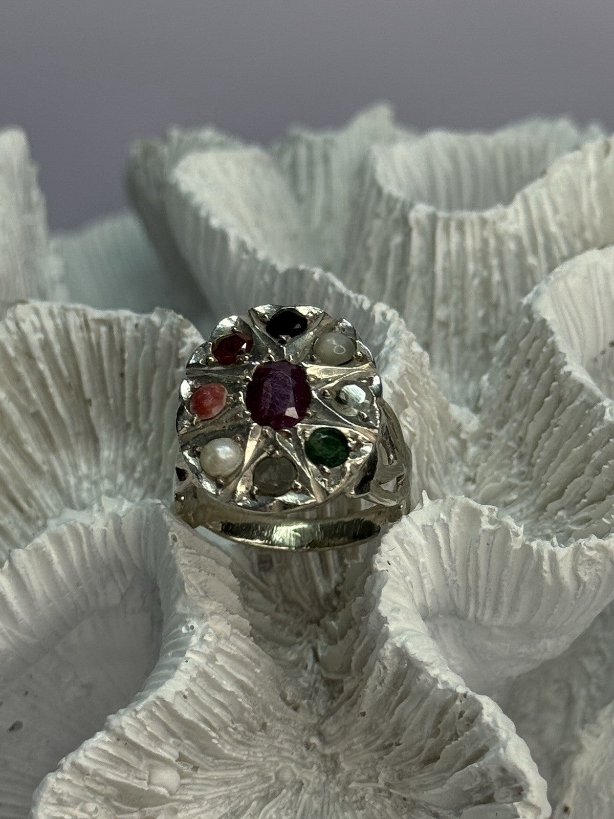 925 Sterling Silver Ruby & Multicolor Gemstones Ring Size 8
