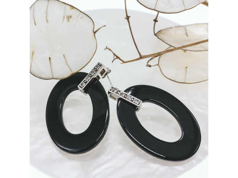 925 Sterling Silver Black Jewelry Glass & CZ Earrings