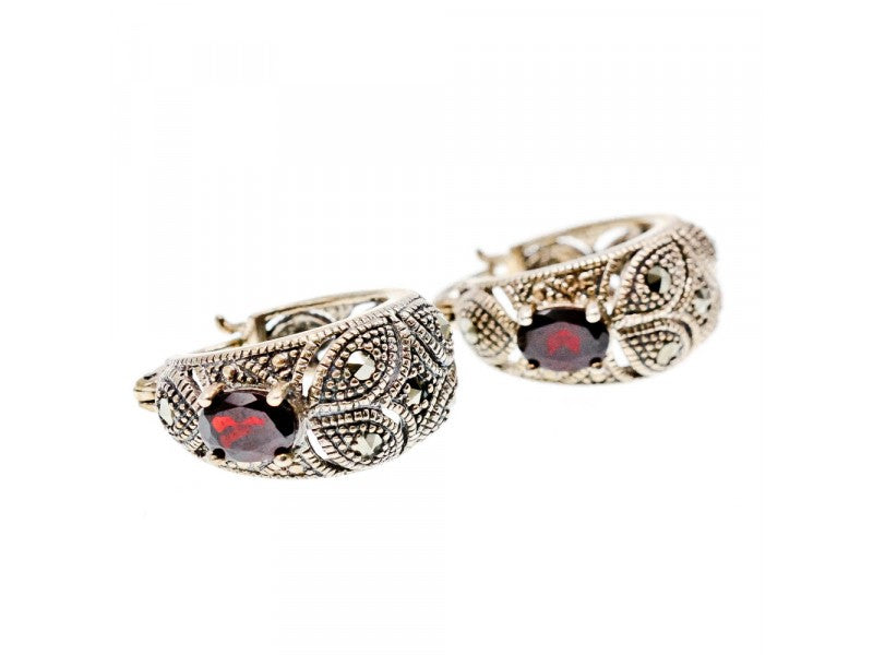 Vintage 925 Sterling Silver Almandine & Marcasites Earrings