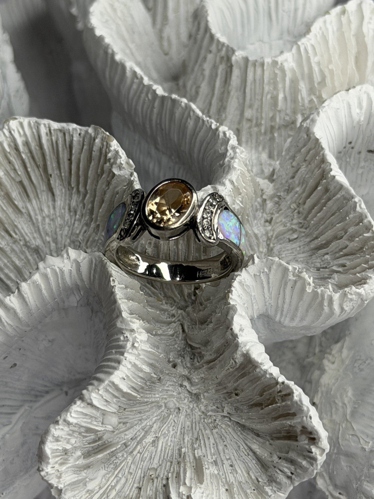 925 Sterling Silver Citrine & Opal & Beryl Ring Size 7