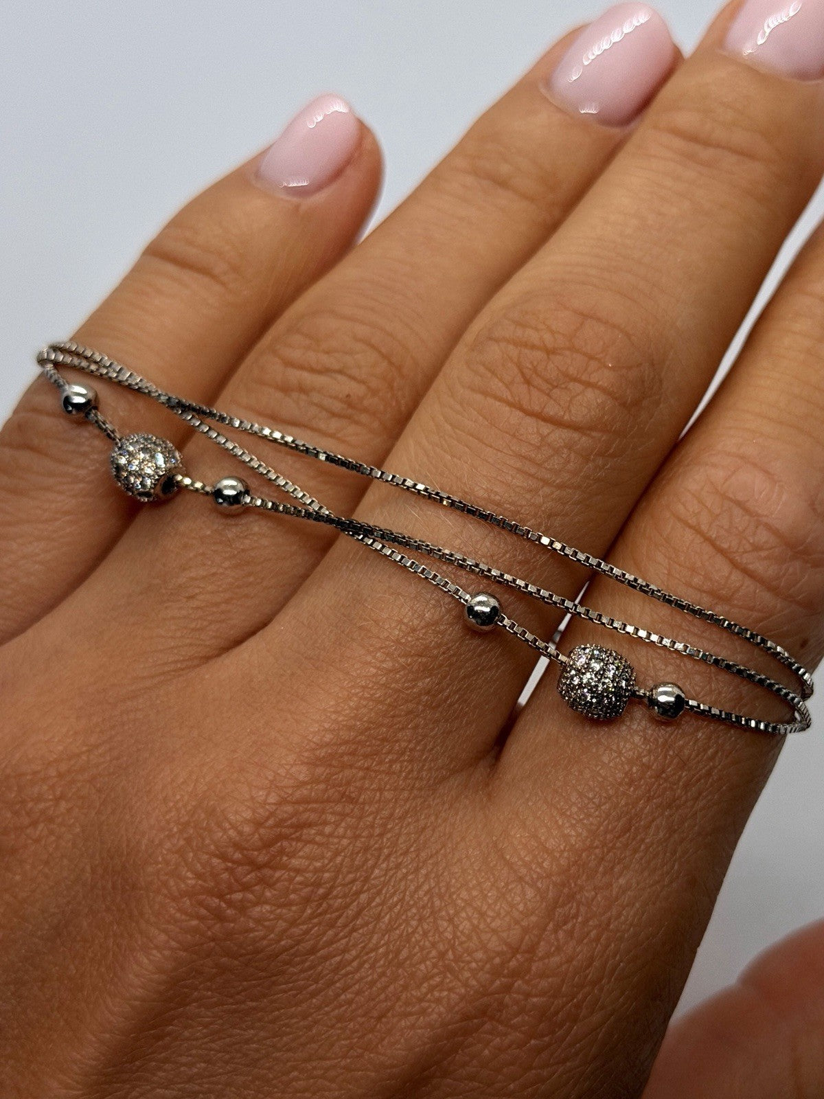 925 Sterling Silver Multi-Strand Box Chain Pave Cz Beads Bracelet Size 6.5/8