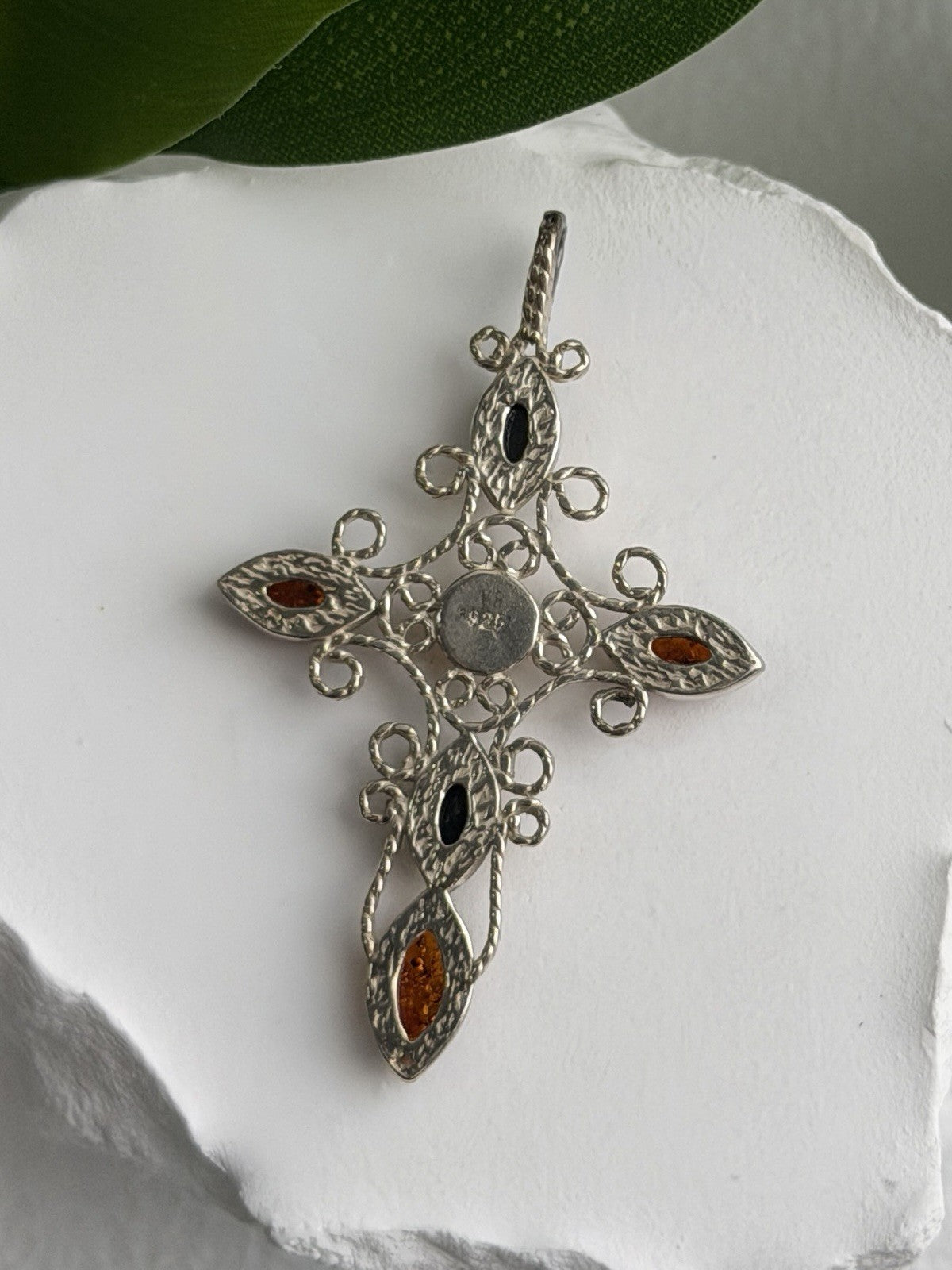925 Sterling Silver Amber Cross Length 2 in