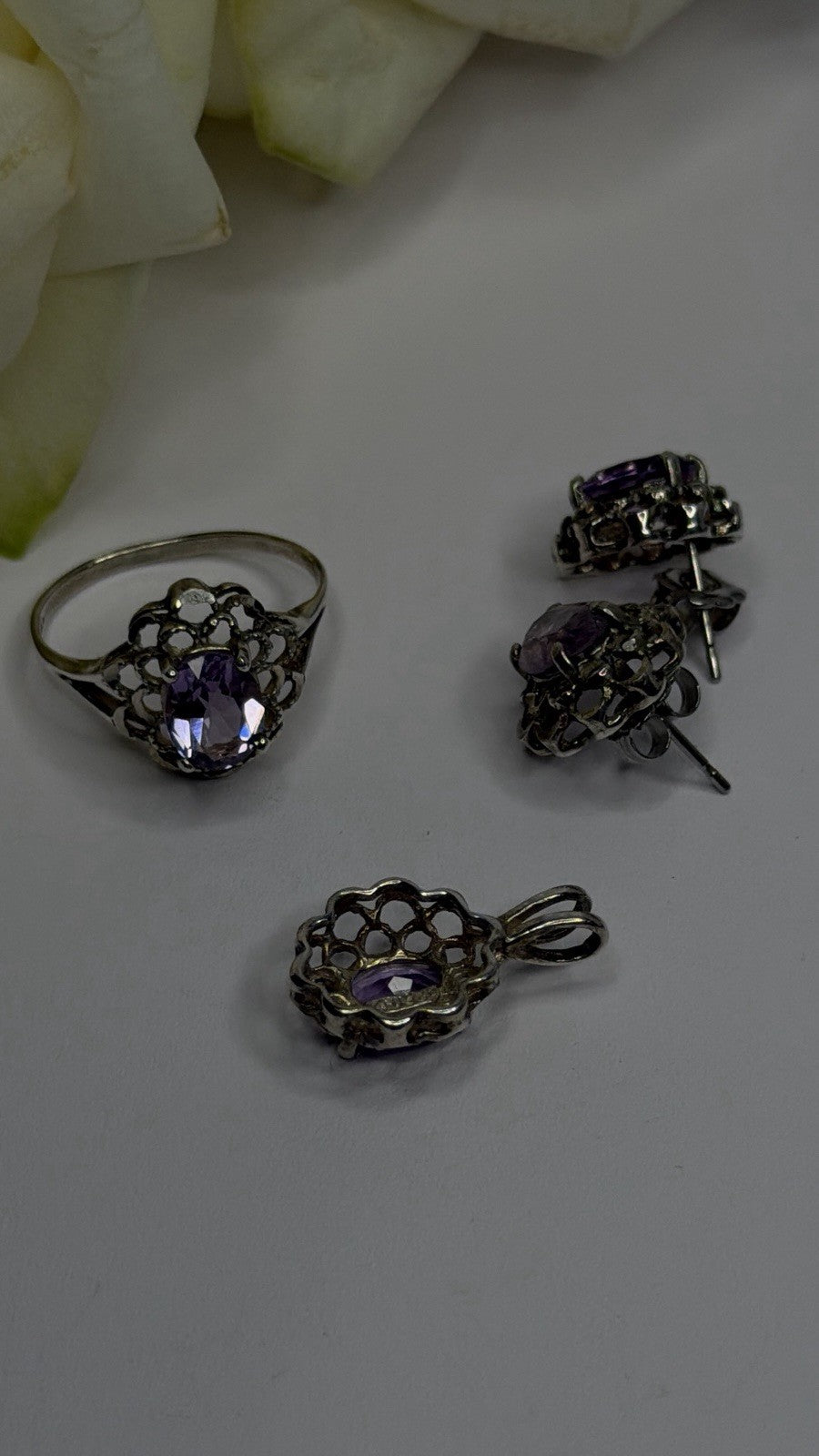 925 Sterling Silver Amethyst Set Floral Filigree Ring Pendant & Earrings