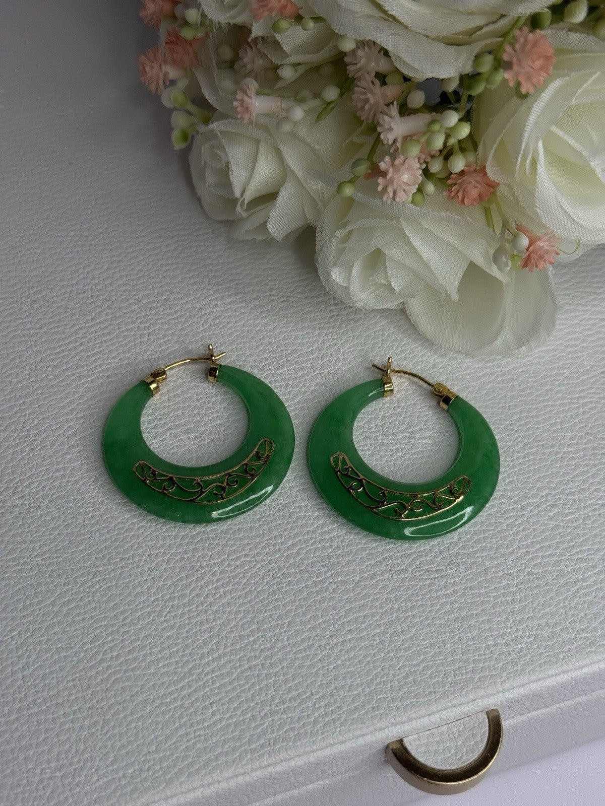 925 Sterling Silver Gold Plated Green Nephrite Jade Earrings Length 1.40 Iinch