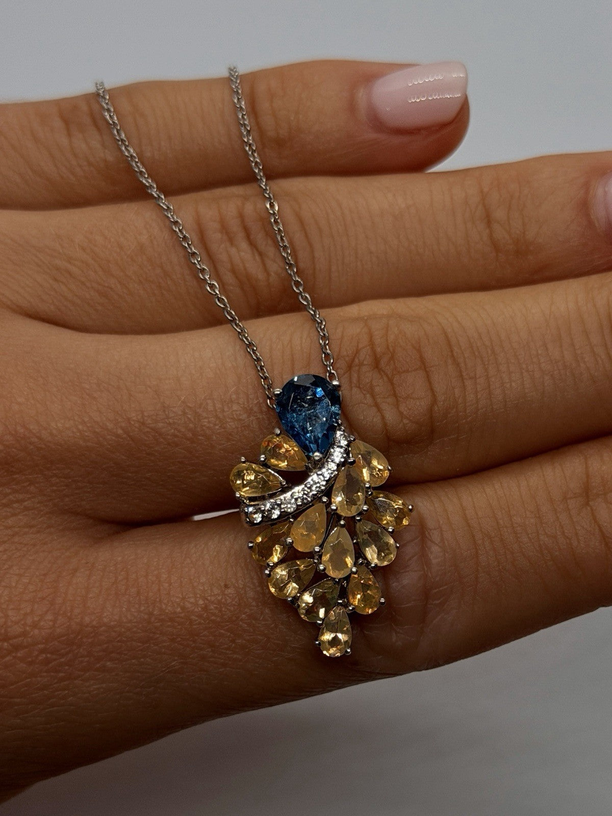 925 Sterling Silver Fire Opal & Blue Topaz & Beryl Necklace
