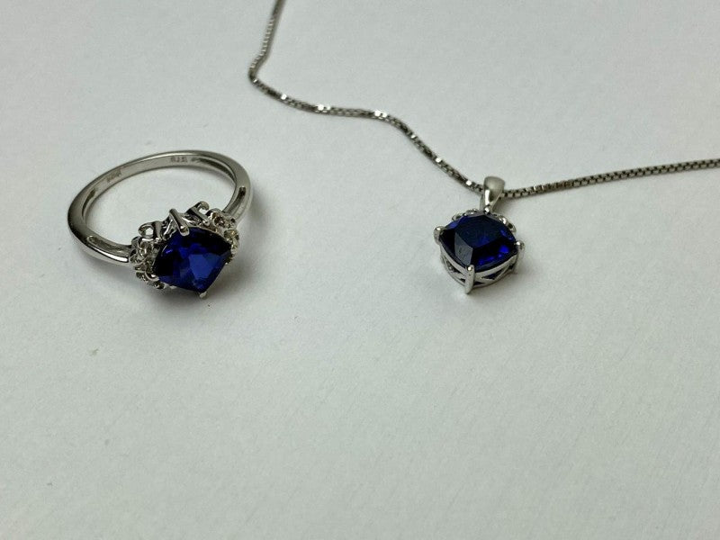 925 Sterling Silver London Blue Topaz Ring & Chain With Pendant Set