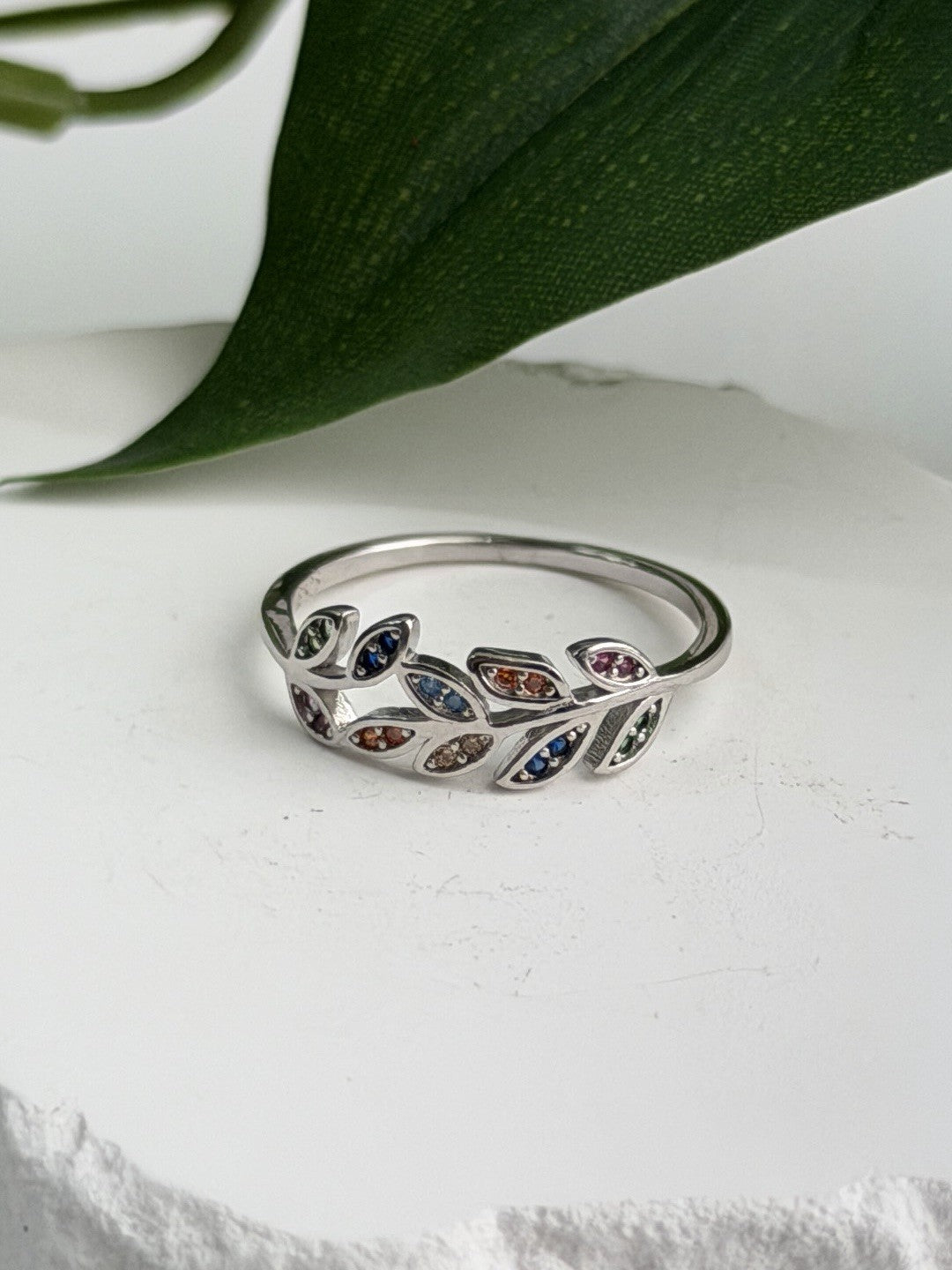 925 Sterling Silver Leaves Multi Color Spinel Ring Size 7