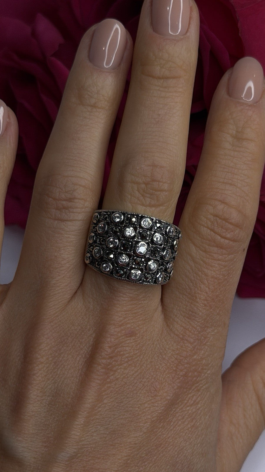 Vintage Wide Band 925 Sterling Silver Beryl & Marcasite Ring Size 8
