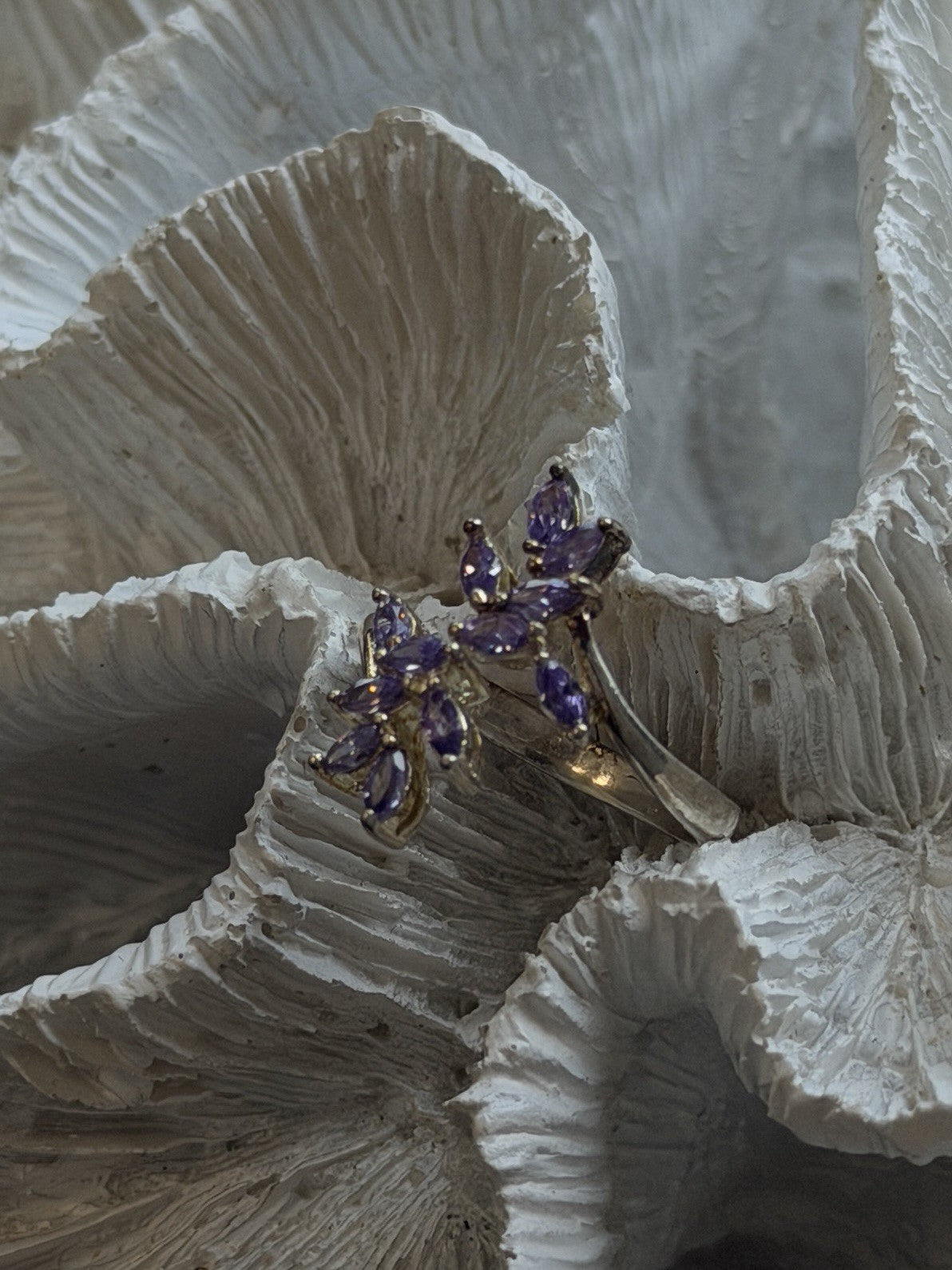925 Sterling Silver Purple Amethyst Flower Ring Adjustable