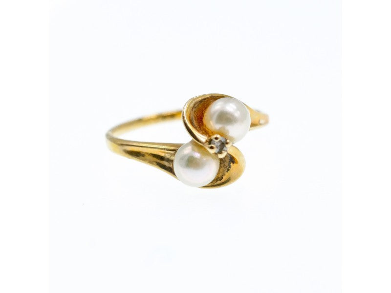 10K Yellow Gold Pearls & Diamond Ring Size 6.75