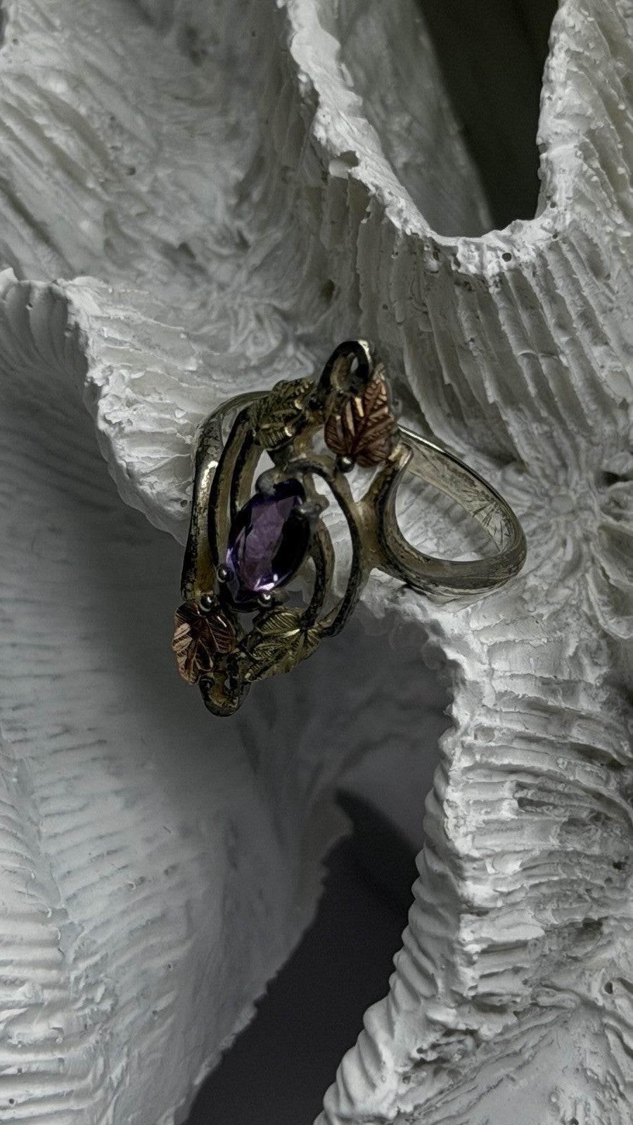 Vintage Grapevine Leaf Design 925 Sterling Silver Amethyst Ring Size 8