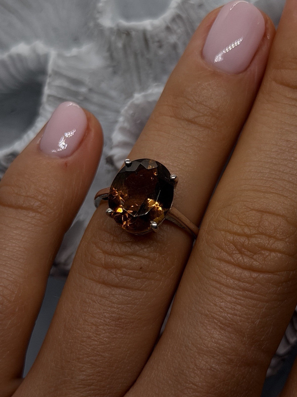 925 Sterling Silver Golden Cognac Brown Smoky Quartz Ring Size 6