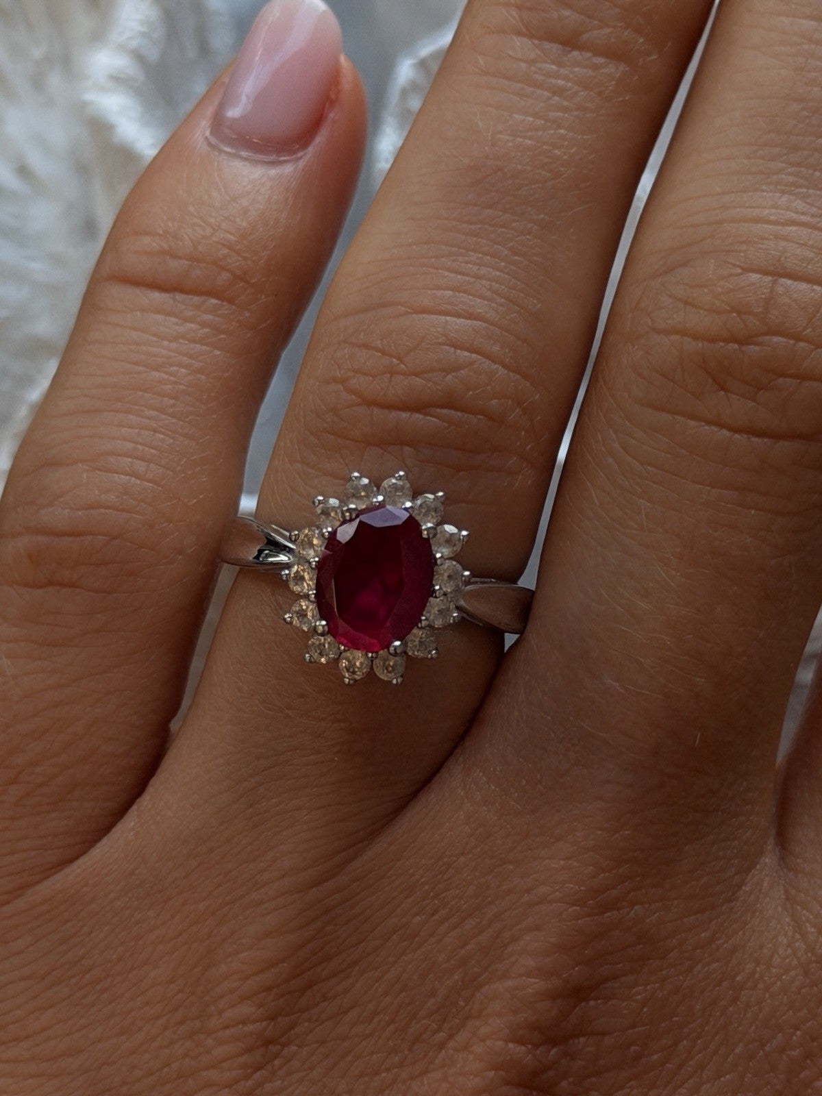 925 Sterling Silver Ruby & Beryl Flower Ring Size 7