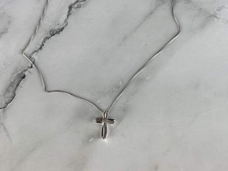 925 Sterling Silver White Topaz Chain With Cross Italy