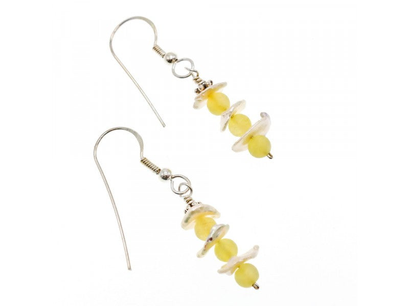 925 Sterling Silver Yellow Agate & Mother Of Pearl Earrings