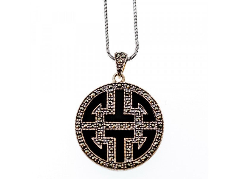 925 Sterling Silver Agate & Marcasites Chain With Pendant